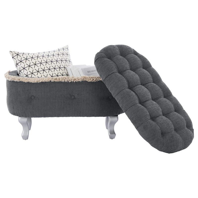 Roomfitters Upholstered Storage Bench with Button Tufted Top, End of Bed Bench with Fringe and Curved Legs