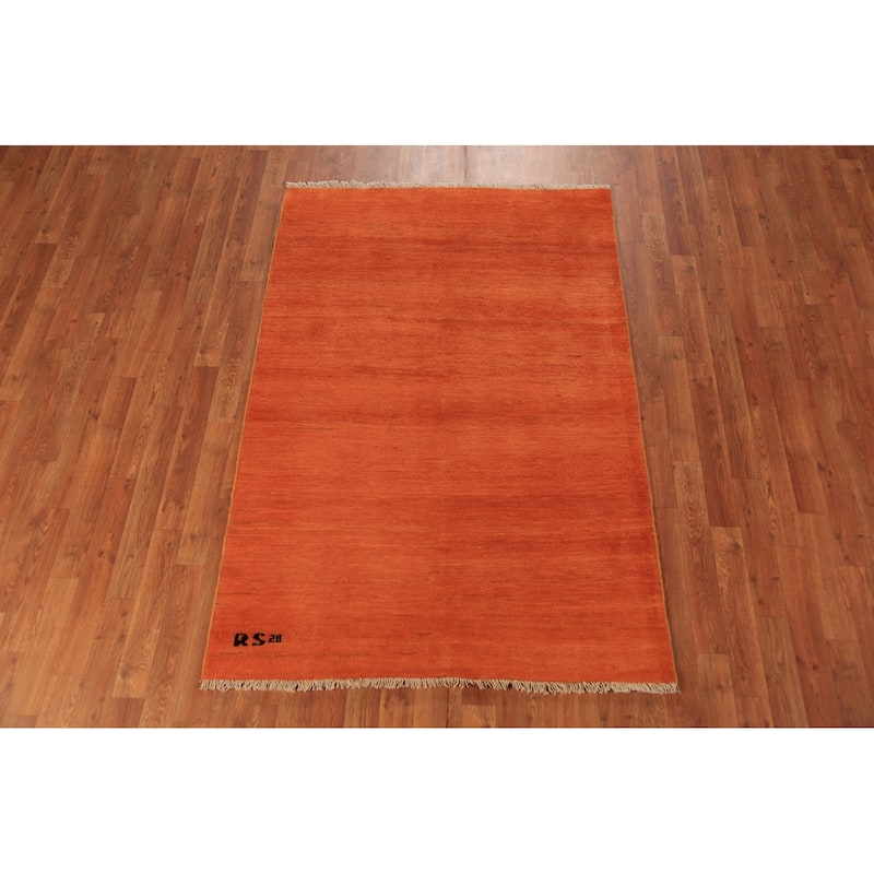 Orange Gabbeh Modern Rug Handmade Oriental Solid Wool Carpet - 3'10" x 5'9"