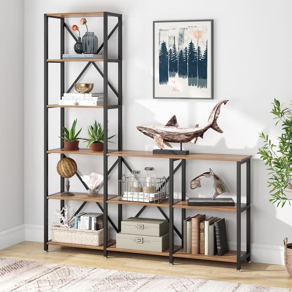 slide 2 of 13, Industrial 9 Shelves Bookshelves Ladder Corner Etagere Bookcase rustic