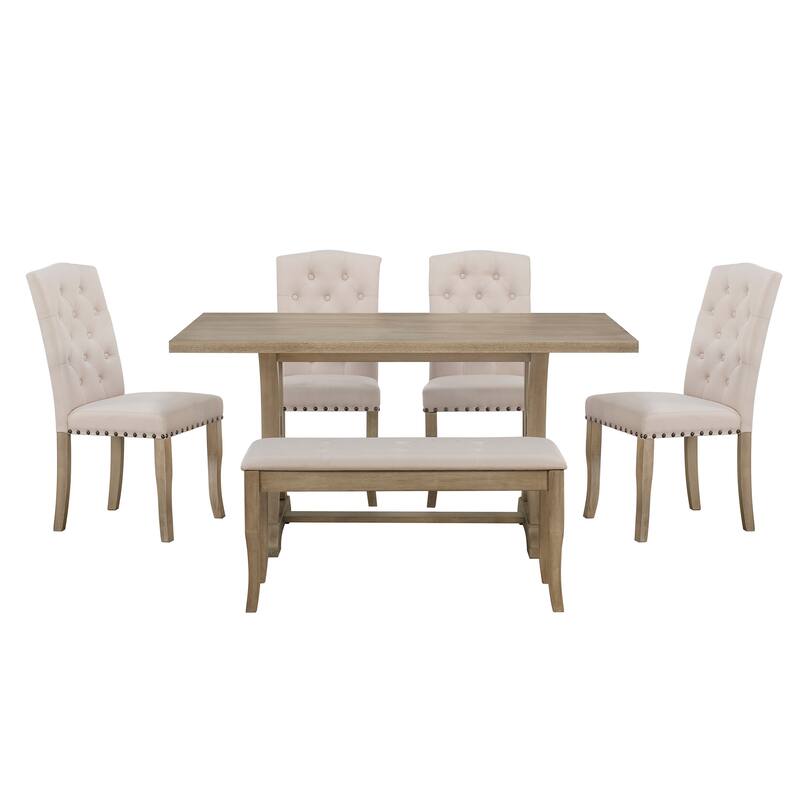 6-Piece Farmhouse Dining Table Set, Rectangular Trestle Table and 4 Upholstered Chairs & Bench - Natural