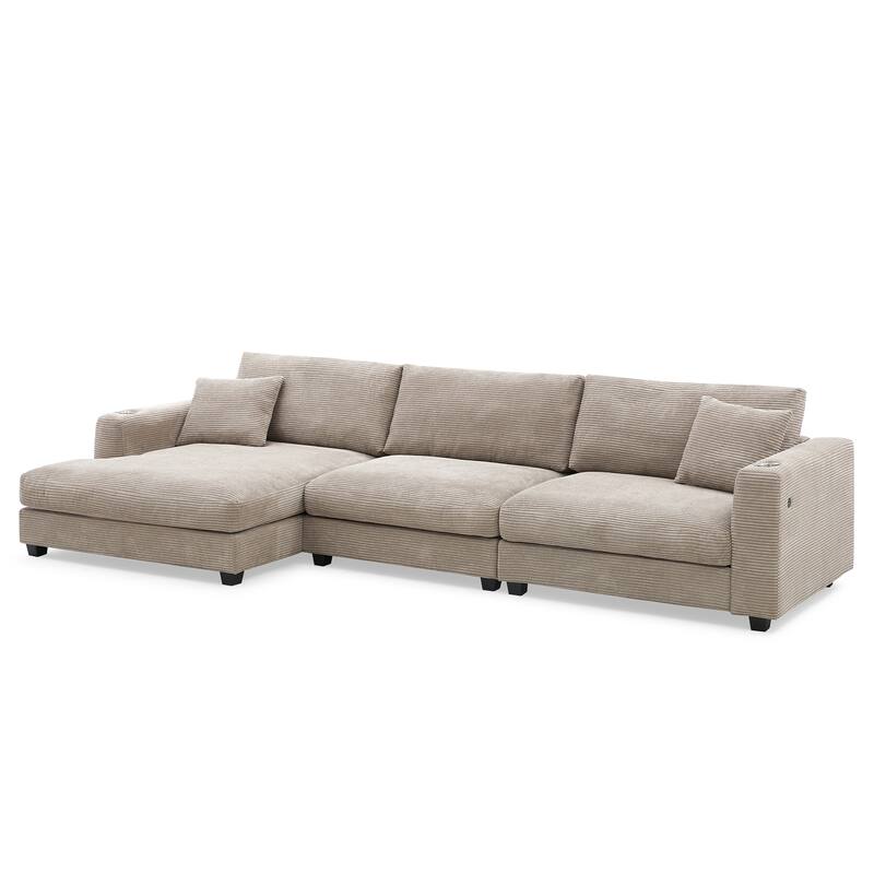 Spacious 4-Seater Corduroy Cloud Couch with Chaise, USB Charging Ports, and Cup Holders