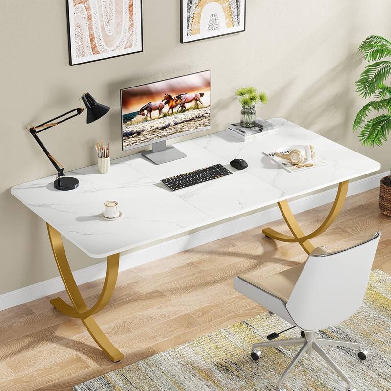 63" Executive Office Desk - Modern White & Gold Computer Desk with Faux Marble Tabletop, Large Conference Table