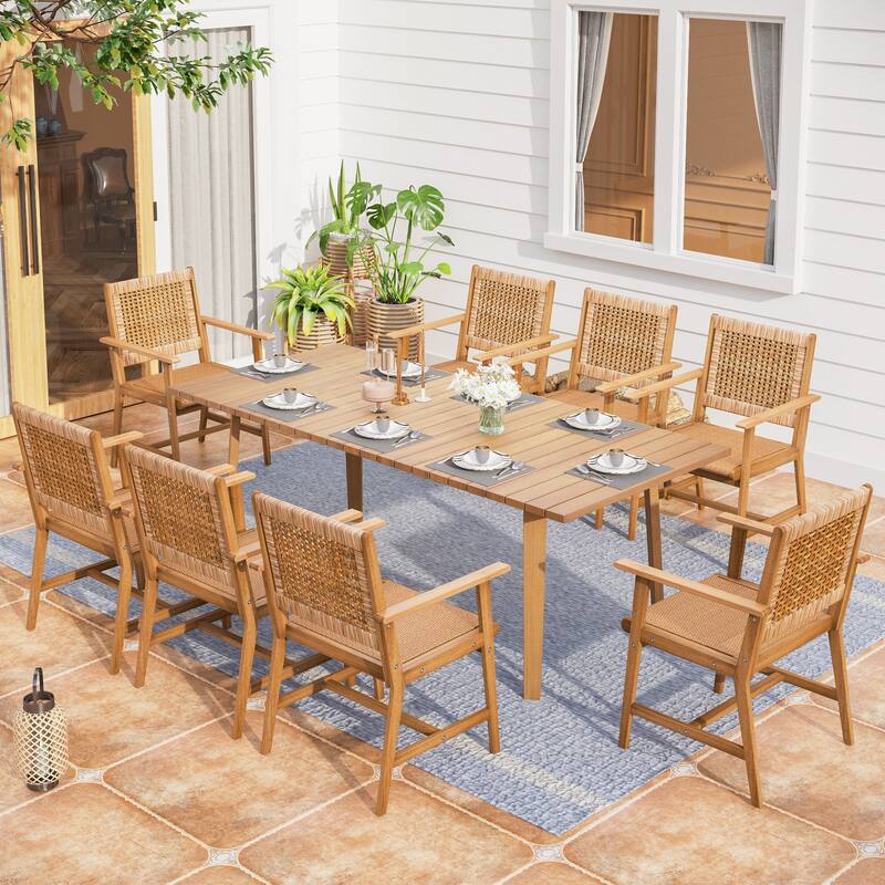 MAISON ARTS 5/7/9-Piece Acacia Wood Outdoor Dining Set, Teak Wooden Table & Dining Chairs with Wicker Seat and Back