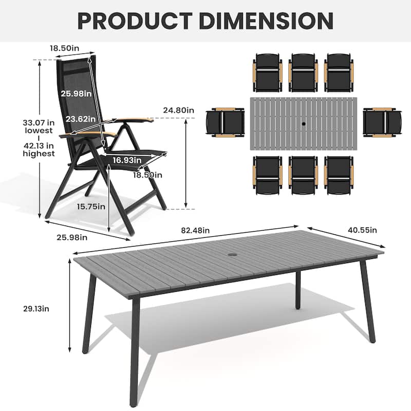 Outdoor Dining Set 8 Aluminum Folding Chairs with Adjustable Back and Rectangule Dining Table with Umbrella Hole