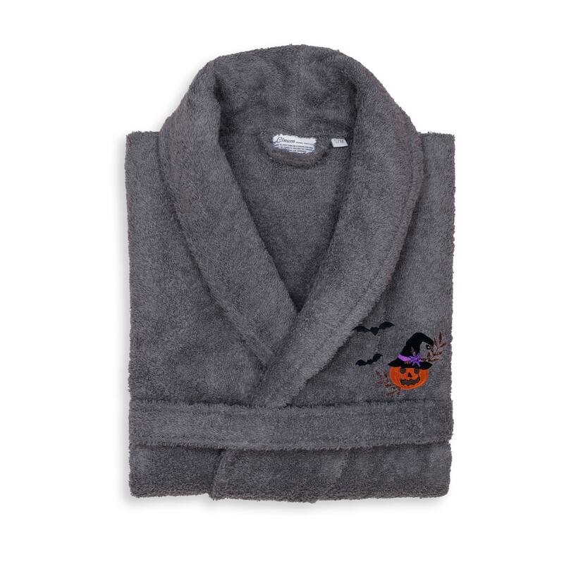 Authentic Hotel and Spa 100% Turkish Cotton Unisex Terry Bath Robe with Pumpkin Head Embroidery - S/M - Grey