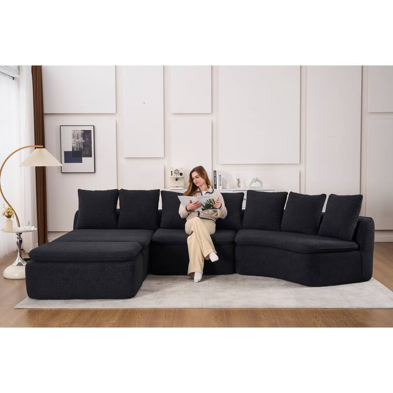 U-Shaped Modular Sectional Sofa with Ottoman, Woodgrain Chenille Deep Seat Boneless Couch, Compression Sofa with Pillows