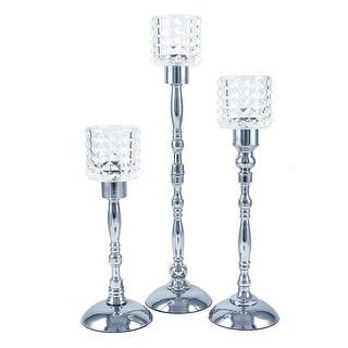 Set of 3 Vintage Silver Pillar Candle Holders Glass Crystal Beads Weighted Base 