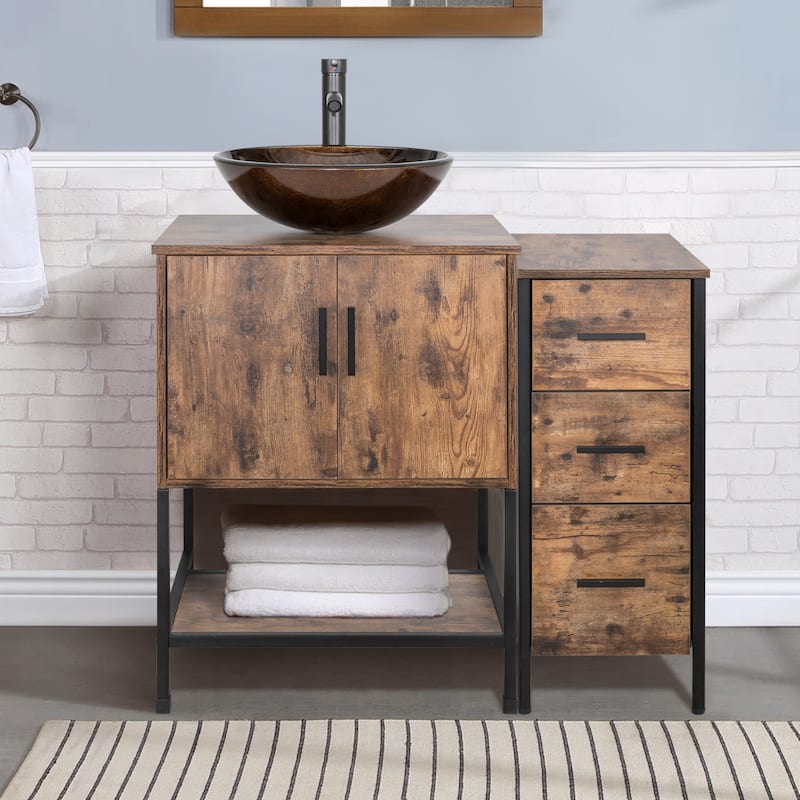 36" Bathroom Vanity Set Organizer Top Vessel Sink W/ Faucet Drain Cabinet Combo - brown round sink
