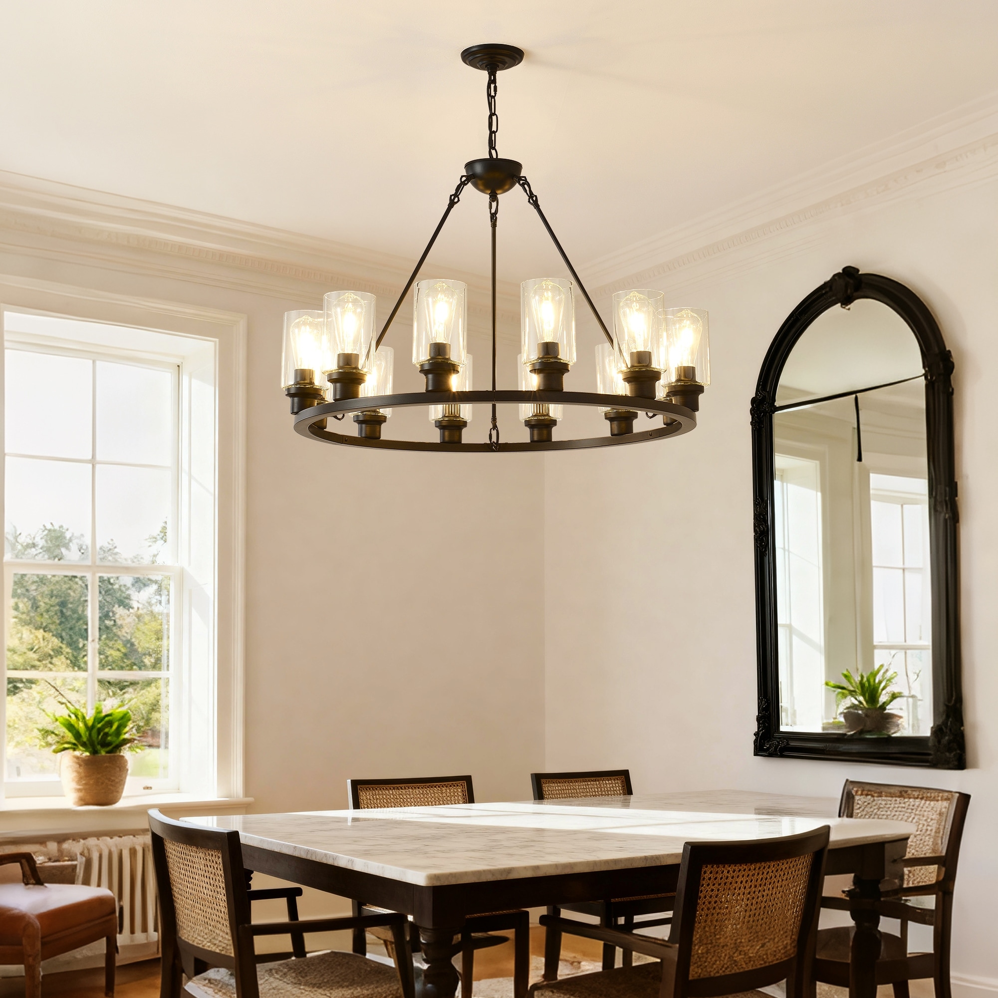 Black Wagon Wheel Chandelier 31.5 Inch Modern Farmhouse Glass Pendant Light 12-Light Ceiling Hanging Lighting Fixtures