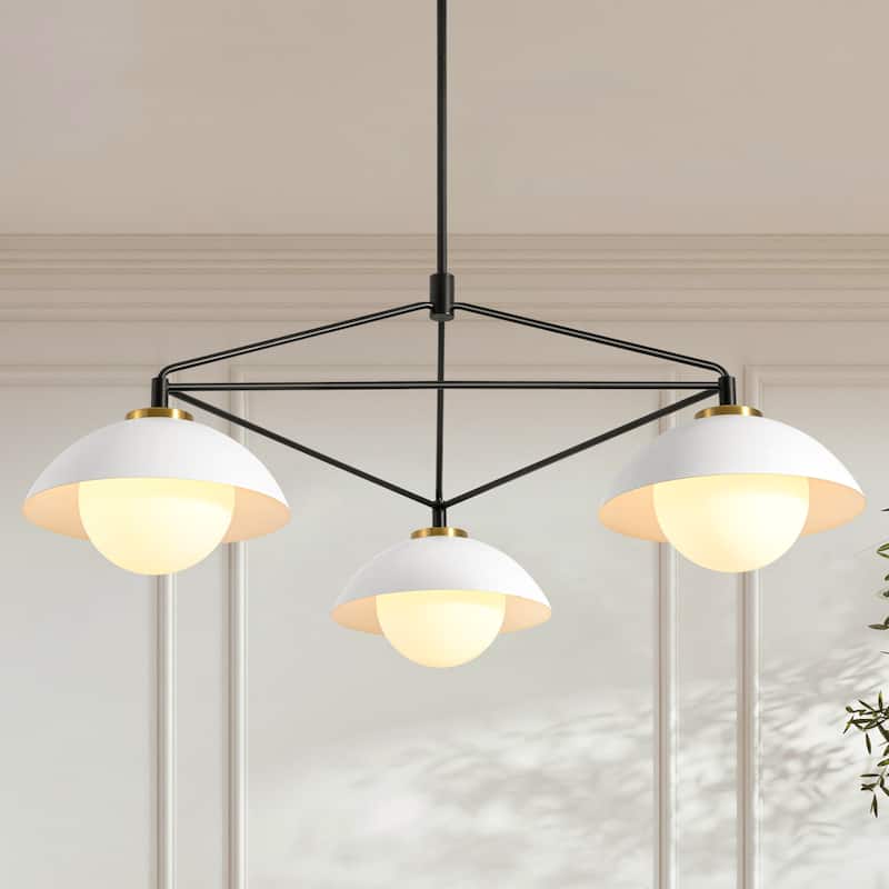 3-Light 41.9" W Mid-Century Modern Matte Black Dome Geometric Metal Chandelier with Opal Glass Globe Shades - Black/White - 41.93 in. H x 17.32 in. H x 41.93 in. D