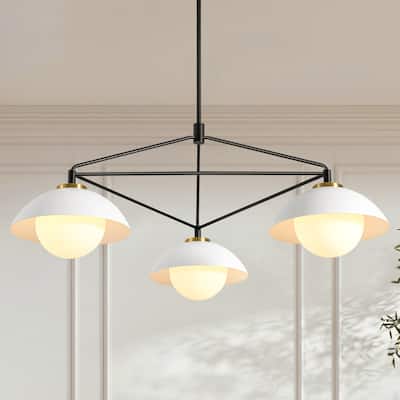 3-Light 41.9" W Mid-Century Modern Matte Black Dome Geometric Metal Chandelier with Opal Glass Globe Shades