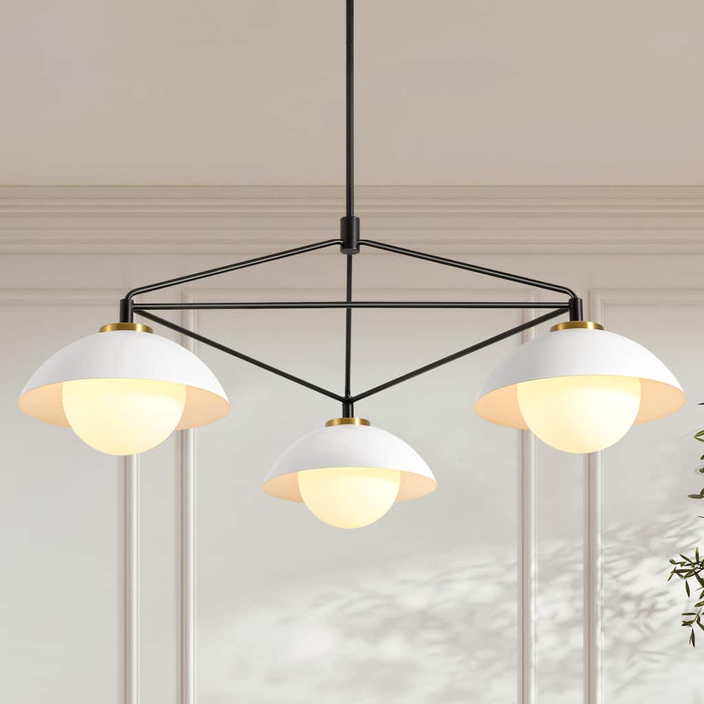 3-Light 41.9" W Mid-Century Modern Matte Black Dome Geometric Metal Chandelier with Opal Glass Globe Shades