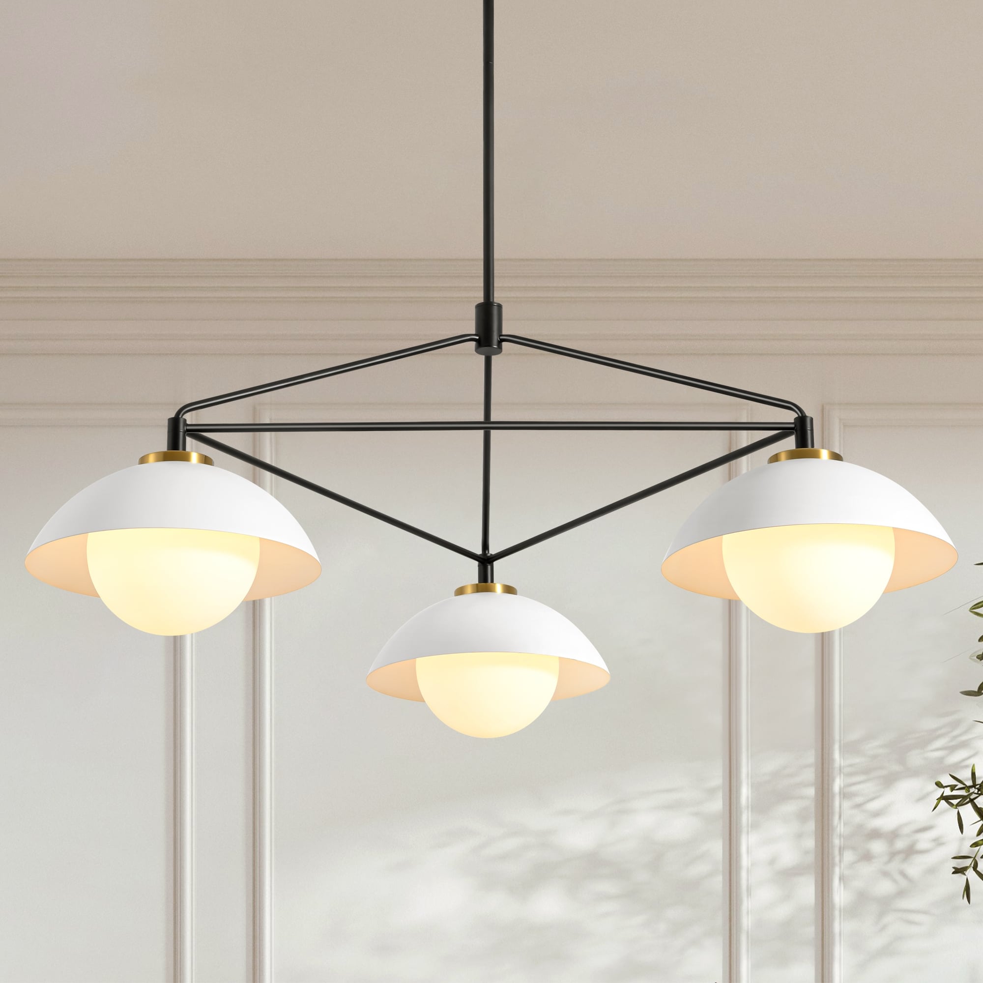 41.9" Modern Black & Gold 3-Light Geometric Triangle Chandelier with White Dome and Opal Glass Globe Shades