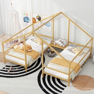 Double Twin House Beds with Built-in Table, Platform/Daybed, Gold