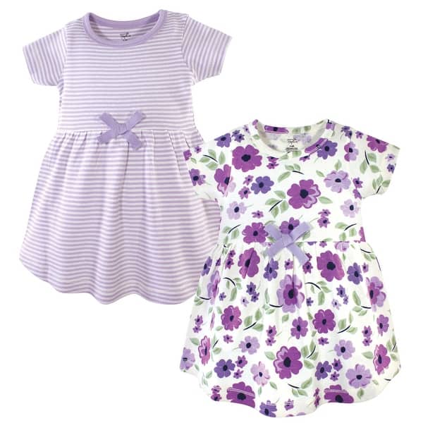slide 1 of 1, Touched by Nature Baby and Toddler Girl Organic Cotton Short-Sleeve Dresses 2pk, Purple Garden 3T - Baby Toddler Purple Garden Short Sleeve