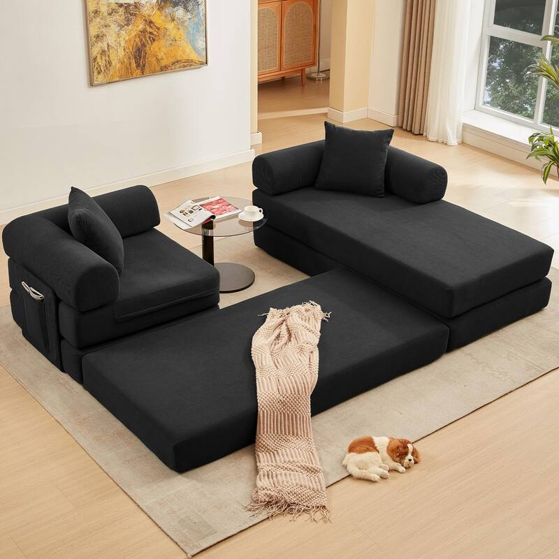 107" L-Shaped 6-in-1 Corduroy Modular Sectional Sofa, Convertible Out Sofa Bed, 4-Seat, Black