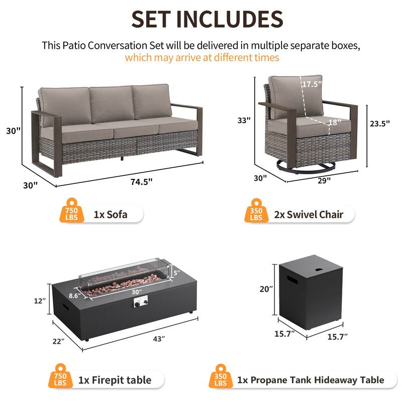 Pocassy 43 In Fire Pit w/ Outdoor Sofa Swivel Chair Ottoman Set