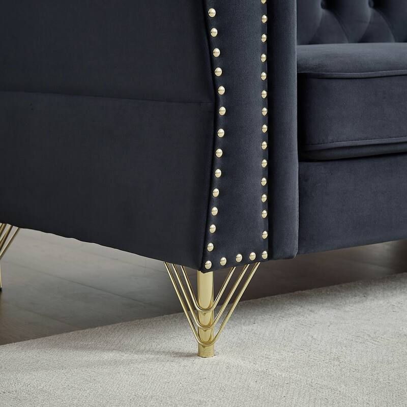 Black 60.2'' Velvet 2-Seater Sofa with Metal Feet, Nailhead Trim, and Foam Padding