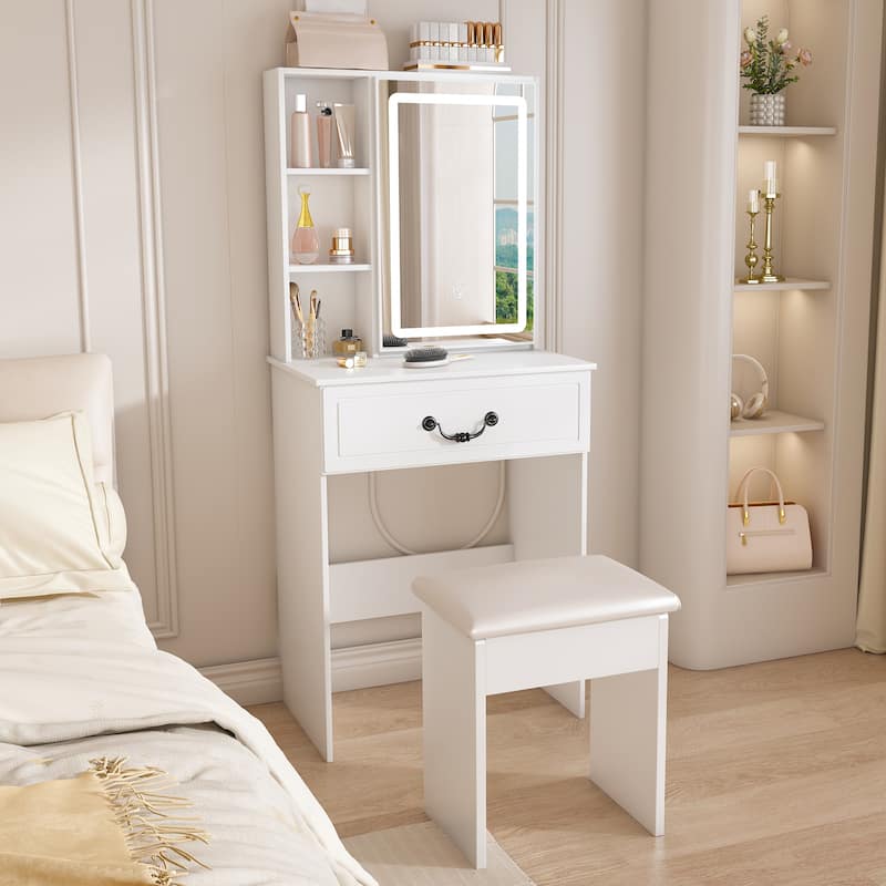 Modern Mini Dressing Table with LED-lit Mirror & Hidden Storage,Includes Padded Stool,Multi-tier Dust-proof Shelves