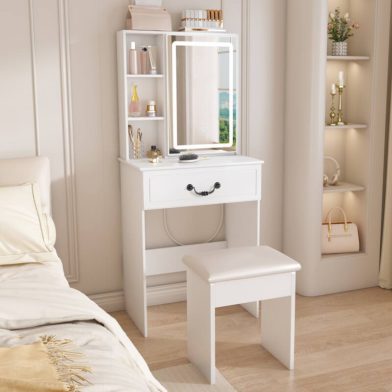 White Dressing Table with Padded Stool, Bedroom Makeup Vanity Desk with Adjustable LED Light Mirror - White