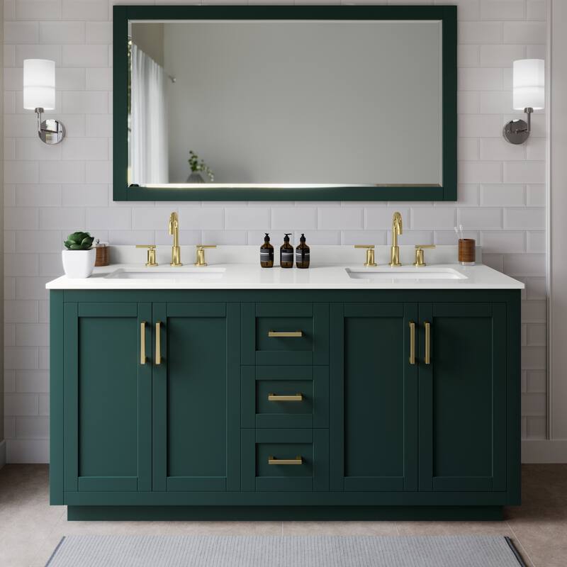 Wyndham Collection WCF292966D-QTZ-US3MXX Miranda 66" Free Standing - Green / White Quartz Top / Brushed Gold Hardware