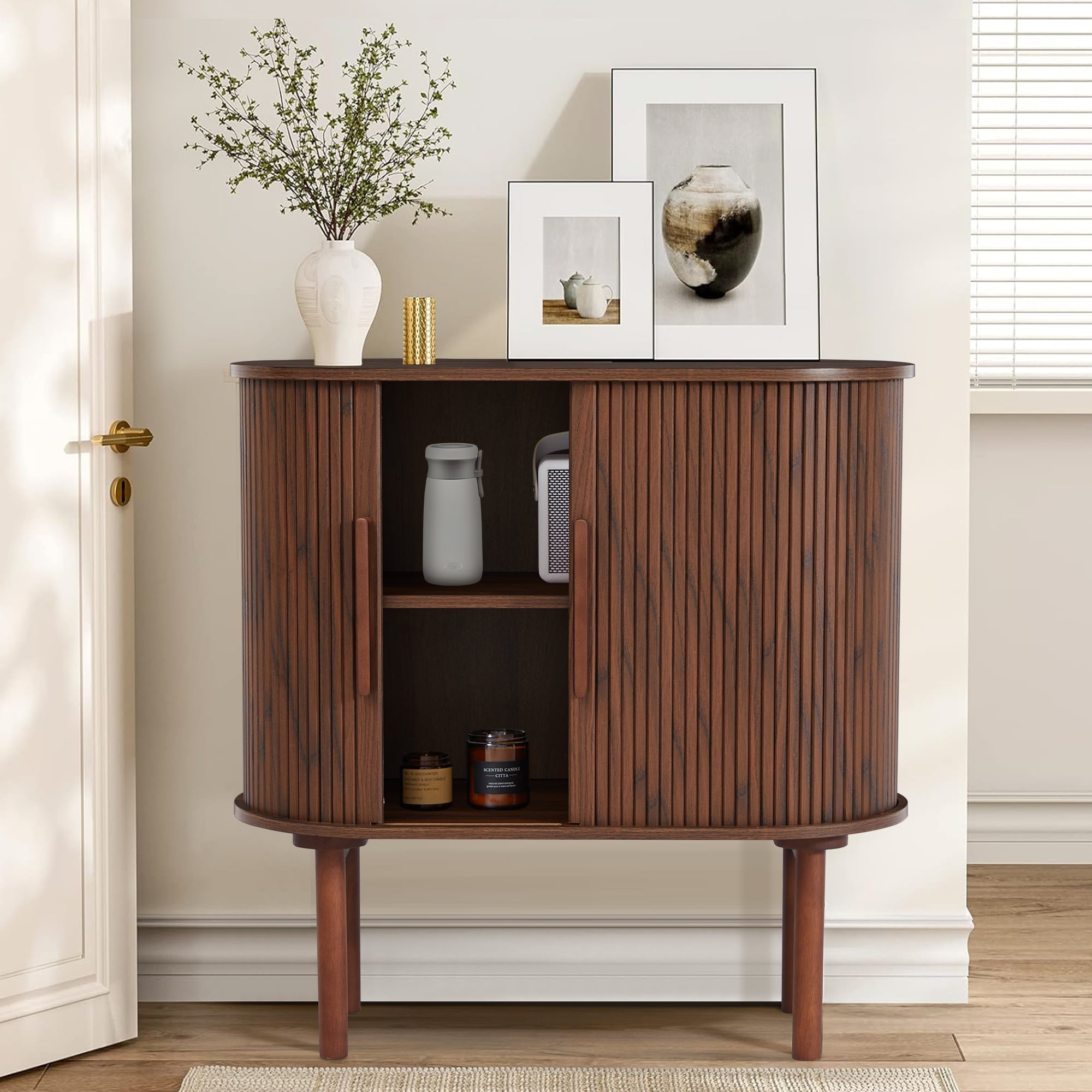 WATERJOY 42" Small Buffet Sideboard Cabinet With Sliding Door - Cream MDF, 13"D X 42"W X 23.5"H