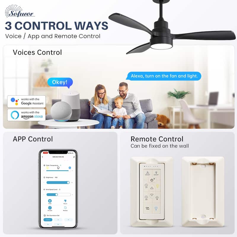 Sofucor 48 Inch Ceiling Fan with Light and Remote,Solid Wood Blades Low Profile,Smart Optional Work with Alexa/Google/App