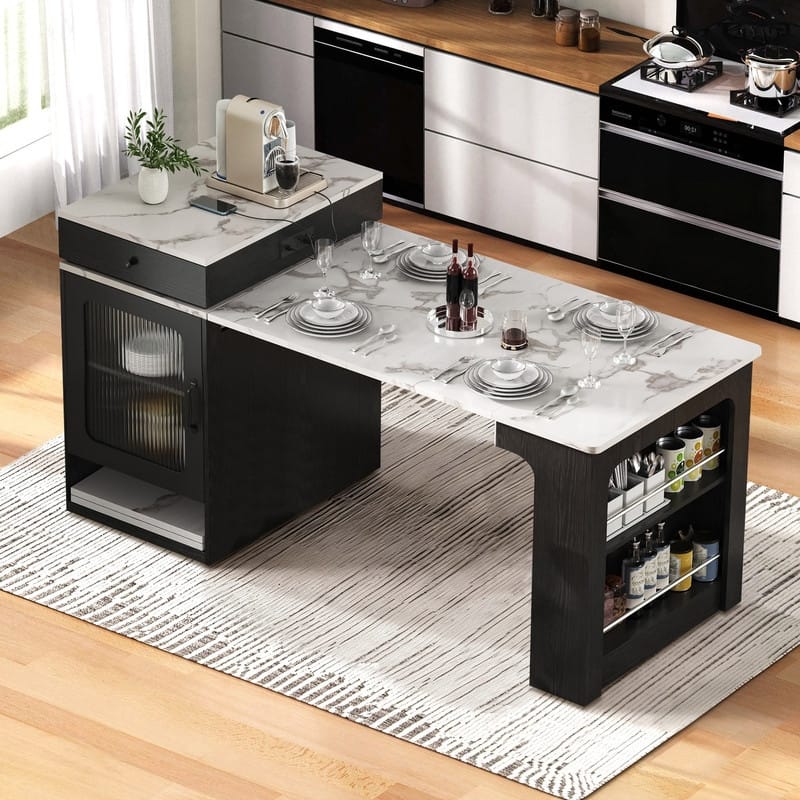 59.5" Kitchen Island with Extendable Dining Table Double-sided Storage and Built-in Power Outlet for Kitchen, Dining Room