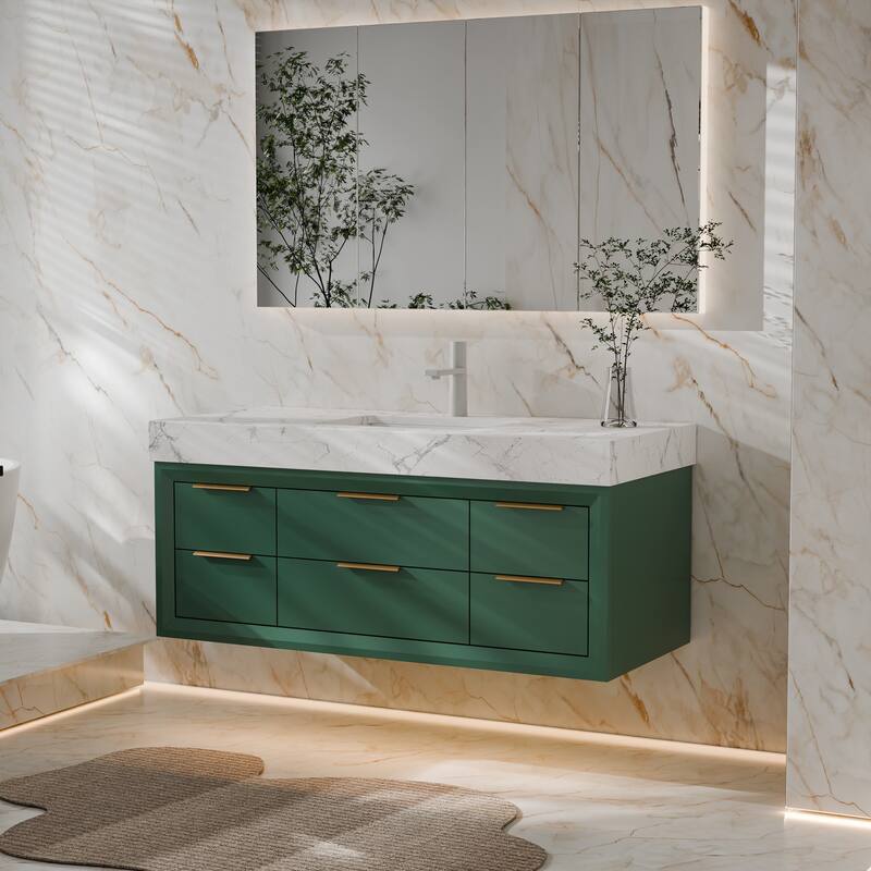 Modland 48" Modern Floating Bathroom Vanity with Single Sink, Soft-Close Drawers, White Stone Countertop