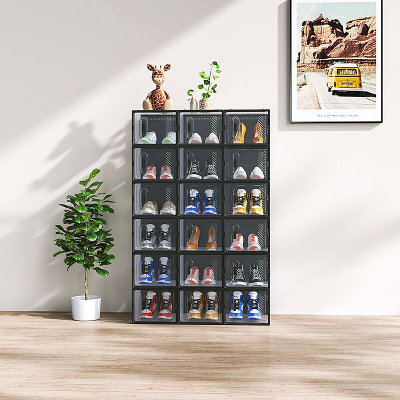 18-Pack Black Stackable Shoe Storage Boxes and Breathable Plastic Grid for Closet or Home - 35 x 25 x 19 cm