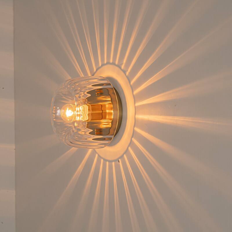 1-Light 6.3" Modern Glam Dome Clear Striped Glass Shade Wall Sconce for Hallways, Porch, Bedroom - 6.3 in. W x 4.3 in. H x 6.3 in. D - Clear/Gold