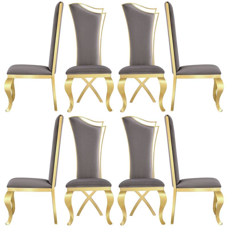 Gray Velvet Upholstered Dining Chairs with high Back and Mirror X-Shaped Metal Legs