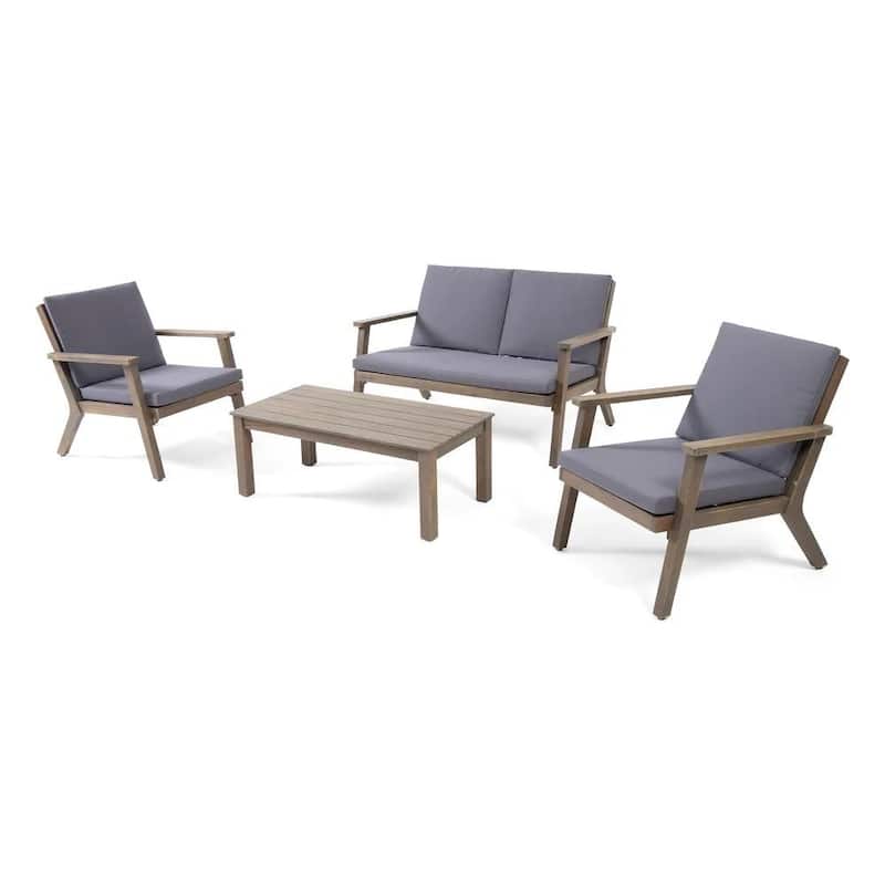 Roomfitters 4 Pcs Outdoor Patio Sofa Set with Loveseat, Club Chairs, Coffee Table, Acacia Wood Frame and Cushions, Grey