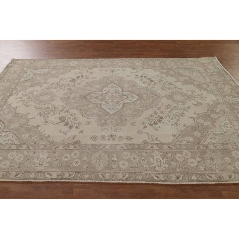 Distressed Beige Tabriz Persian Vintage Rug Hand-Knotted Wool Carpet - 6'4"x 9'3"