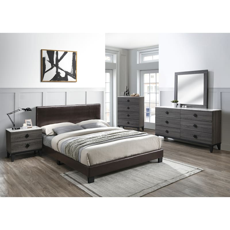 Faux Leather Upholstered Bed in Brown - Brown - Queen