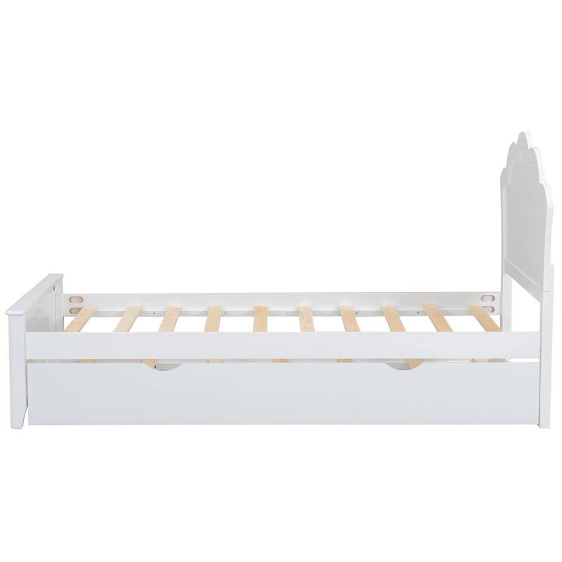 White Pine Wood Bed Frame, Twin Size Platform Bed w/Curved Headboard, Pull-out Trundle Bed for Bedroom, Apartment