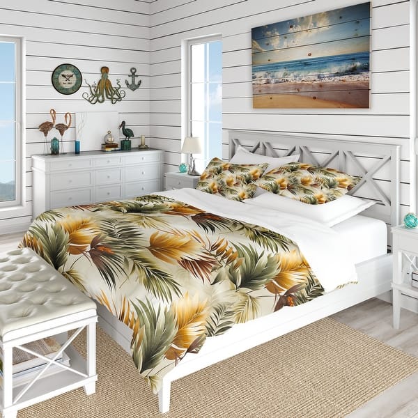 Ambesonne Palm Tree Bed Runner & 2 Shams Set – 88"x19.5" Runner, 20" Shams, Pale Sepia & Multicolor, Satin Polyester