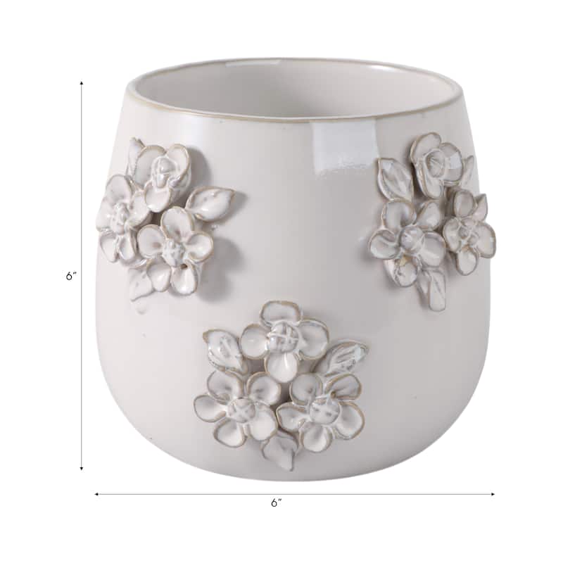 Ceramic Planter with Raised Floral Detailing and Glossy Texture