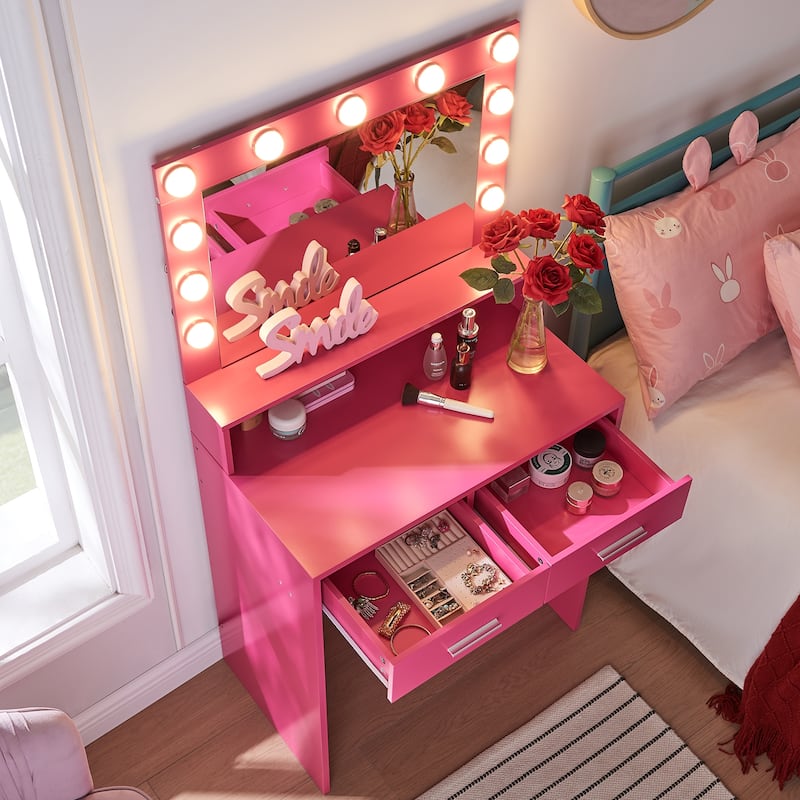 Small Vanity Table with 2 Drawers 3 Light Modes Makeup Mirror