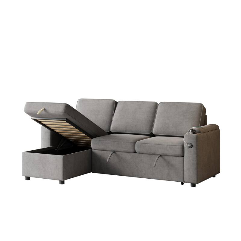 85.8" Fabric 3-Seat Sleeper Sofa with Storage & USB Charging Ports