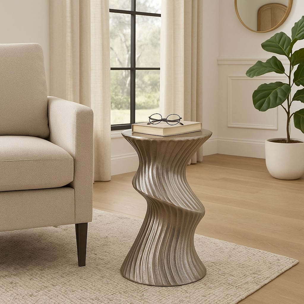 Marble Top Aluminum Side Table Round Sculptural Accent Modern