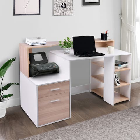 HOMCOM 54" Multi-Level Computer Desk Modern Home Office Writing Workstation with 3 Storage Shelves & 2 Pull-Out Drawers, Oak