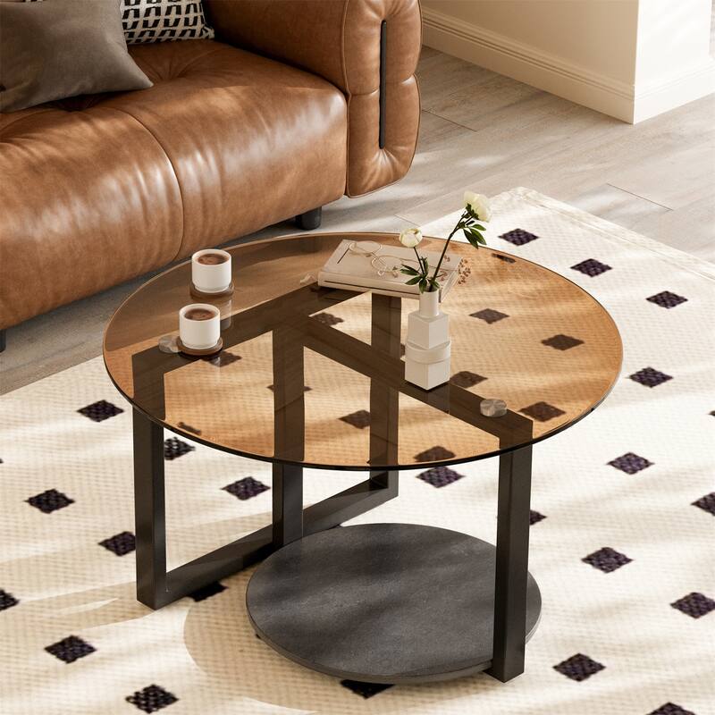 Round Amber-Tinted Tempered Glass Coffee Table Living Room Center Table with 2-Tier