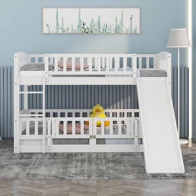 Twin Over Twin Low Bunk Bed, Open-row Floor Bed with Fence and Small Door, Bunk Bed Frame with Ladder and Convertible Slide