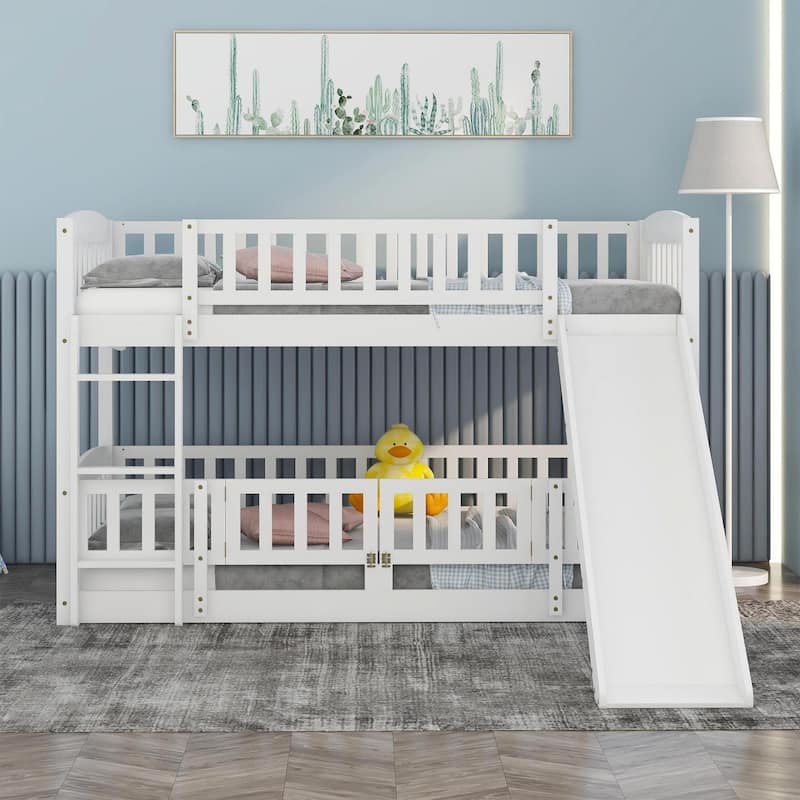 Twin Over Twin Low Bunk Bed with Fence and Ladder