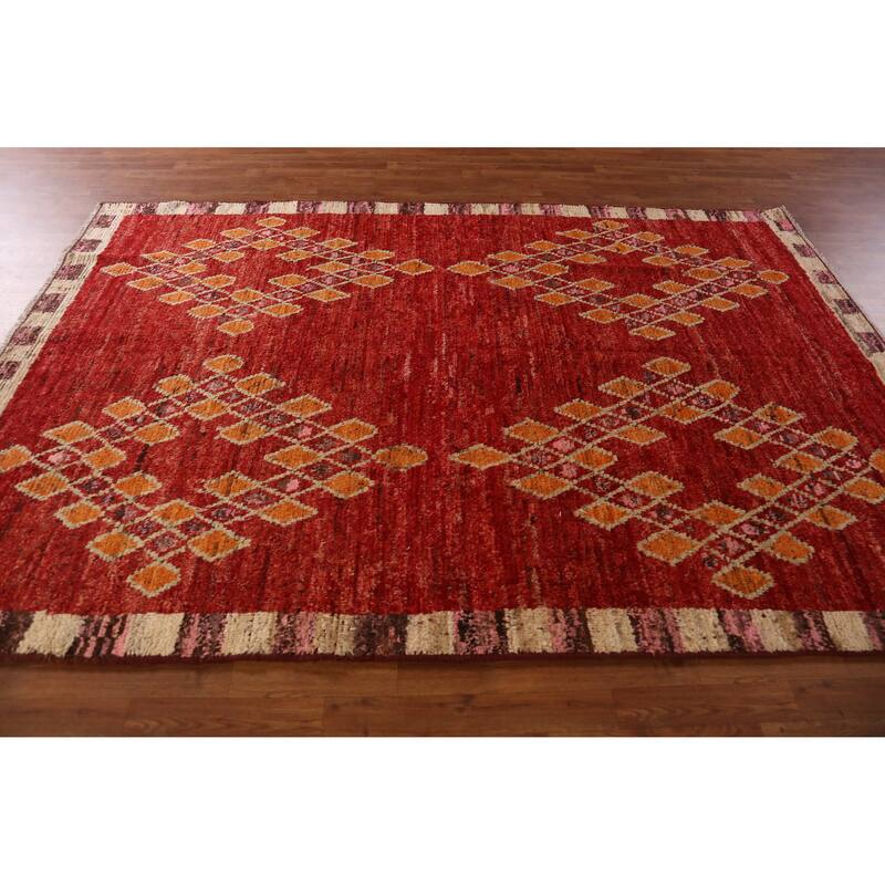 Red Geometric Moroccan Oriental Area Rug Handmade Tribal Wool Carpet - 6'7" x 9'10"