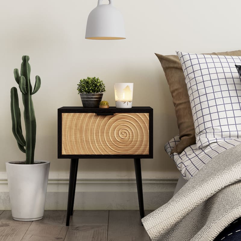 COZAYH Modern Farmhouse Nightstand, Drawer with Handcrafted Wood Ring Motif
