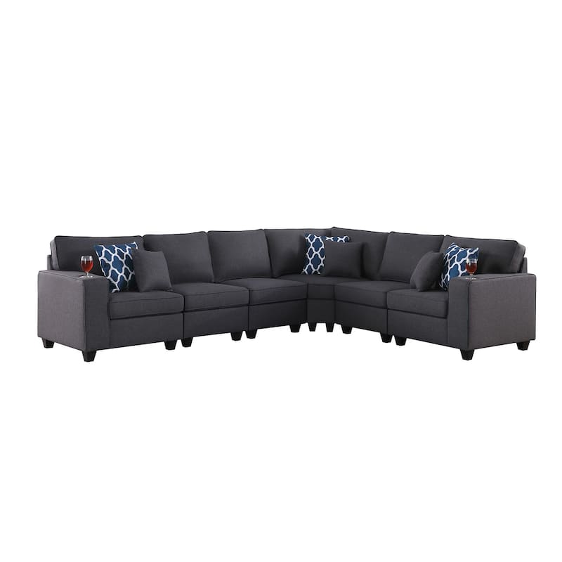6 Piece Linen Upholstered Reversible L-Shape Sectional Sofa in Dark Gray - Reversible - Dark Gray/Brown