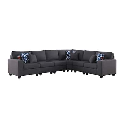 6 Piece Linen Upholstered Reversible L-Shape Sectional Sofa in Dark Gray