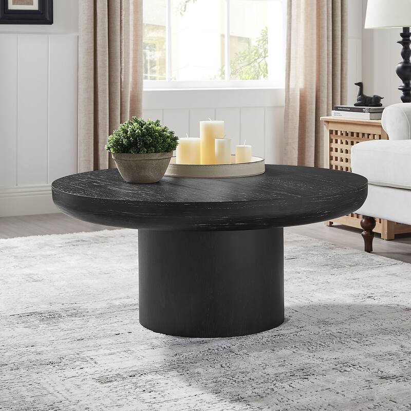 35.98inch Round Coffee Table with Cylindrical Leg,Wood Veneer Tabletop Table,Rounded Sofa Side Table